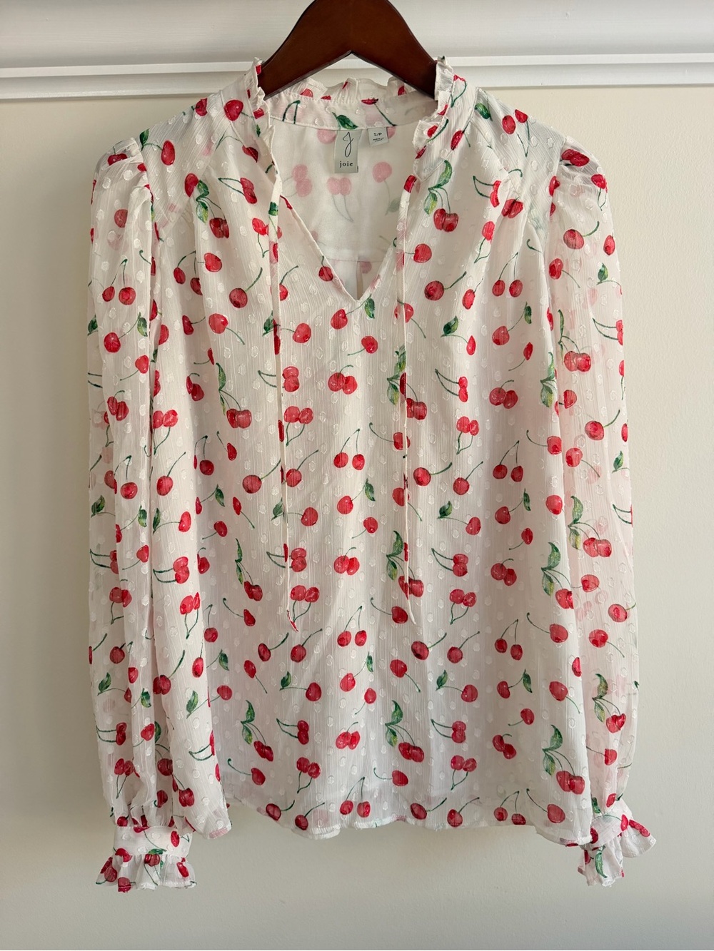 Joie White Cherry-Print Sheer Long-Sleeve Blouse